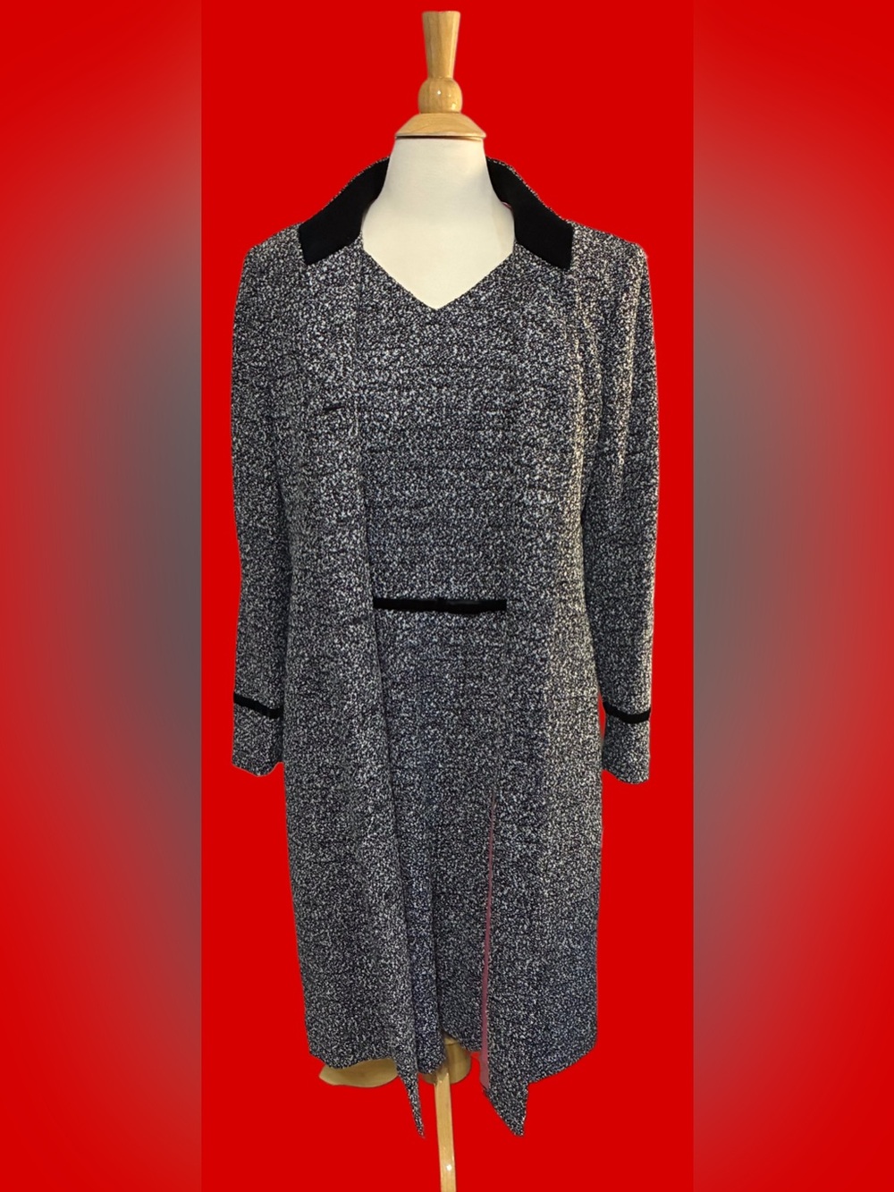 Talbots Size 14 Dress & Coat 2 pc. Set. Black/White Boucle Tweed. Lined in Pink